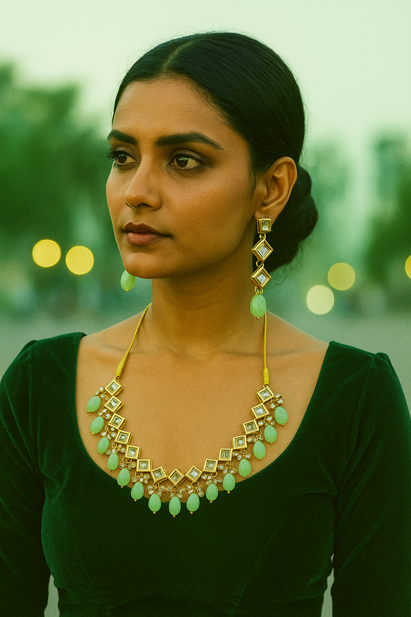 Green Kundan Necklace set with Beads and matching Earrings BSJ-54