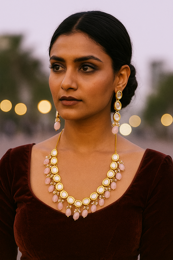 Pink Kundan Necklace Set with Earrings BSJ-52