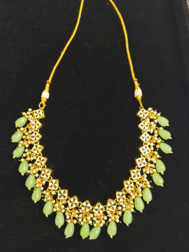 Green Kundan Necklace set with Beads and matching Earrings BSJ-54