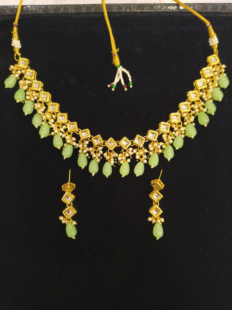 Green Kundan Necklace set with Beads and matching Earrings BSJ-54