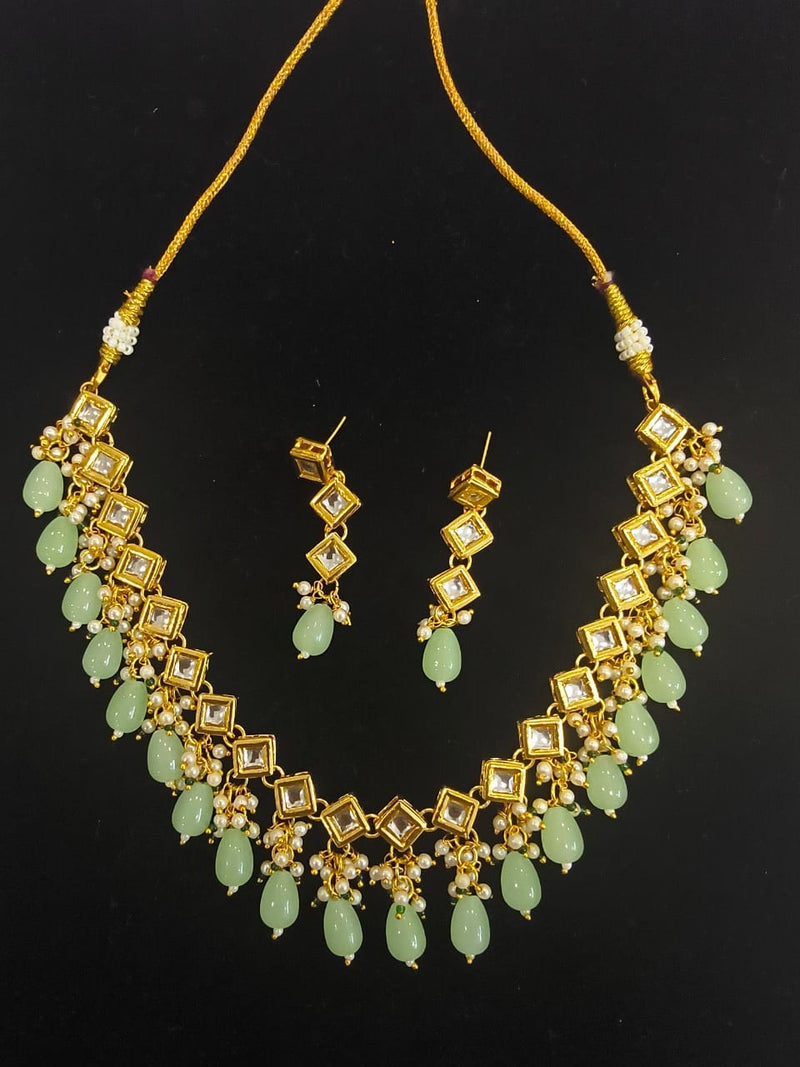 Green Kundan Necklace set with Beads and matching Earrings BSJ-54